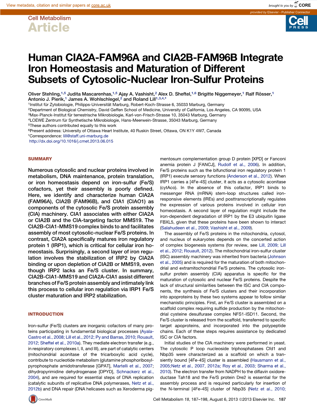 Human CIA2A-FAM96A and CIA2B-FAM96B Integrate Iron Homeostasis and Maturation of Different Subsets of Cytosolic-Nuclear Iron-Sulfur Proteins