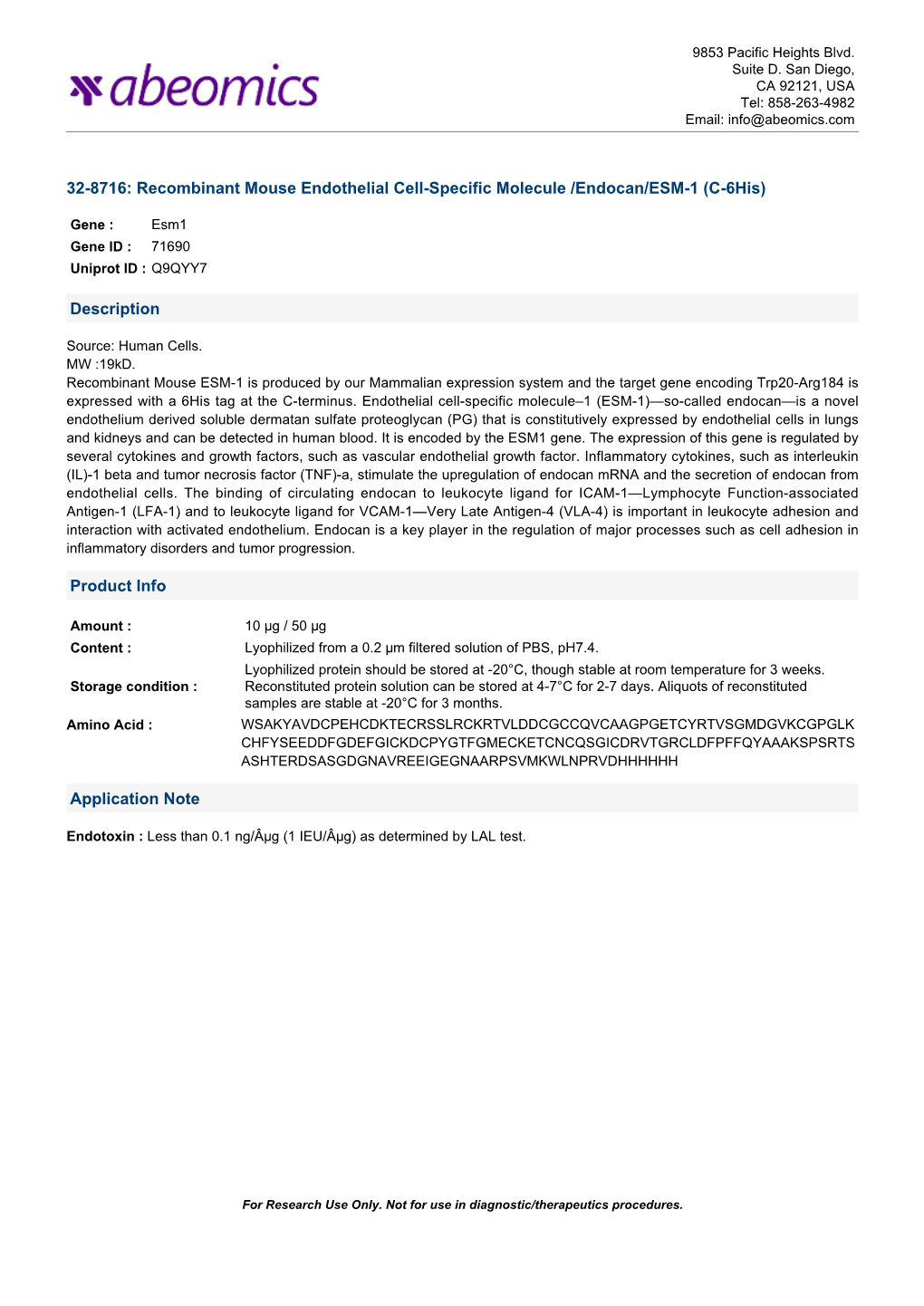 Recombinant Mouse Endothelial Cell-Specific Molecule /Endocan/ESM-1 (C-6His)