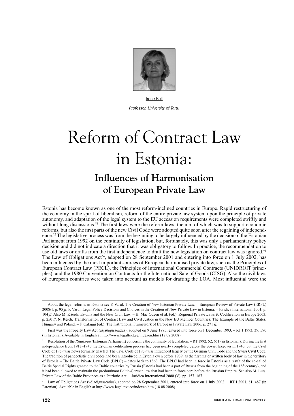 Reform of Contract Law in Estonia: Influences of Harmonisation of European Private Law
