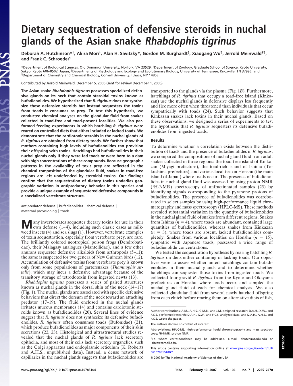 Dietary Sequestration of Defensive Steroids in Nuchal Glands of the Asian Snake Rhabdophis Tigrinus