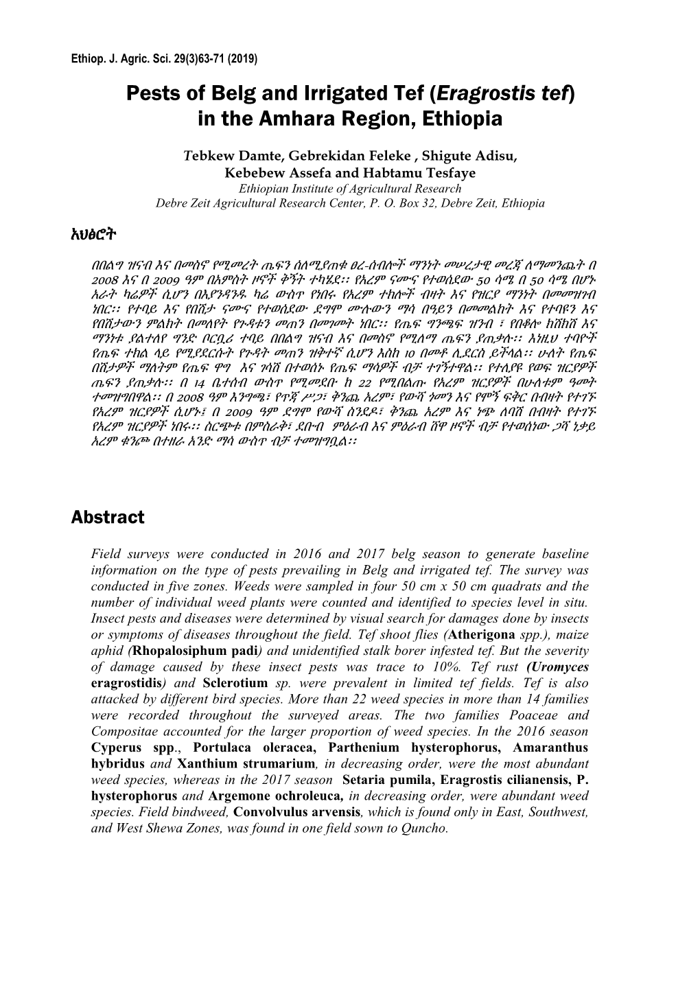 Pests of Belg and Irrigated Tef (Eragrostis Tef) in the Amhara Region, Ethiopia