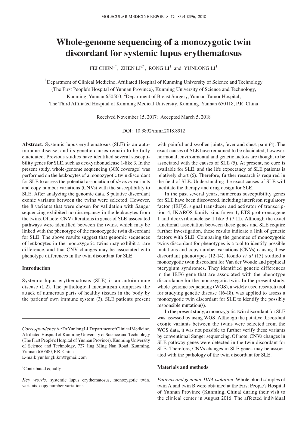 Whole‑Genome Sequencing of a Monozygotic Twin Discordant for Systemic Lupus Erythematosus