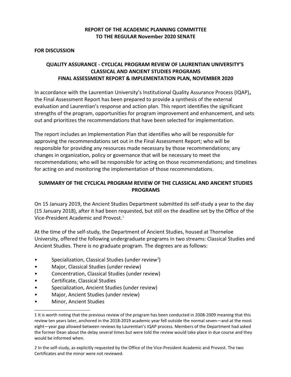 REPORT of the ACADEMIC PLANNING COMMITTEE to the REGULAR November 2020 SENATE