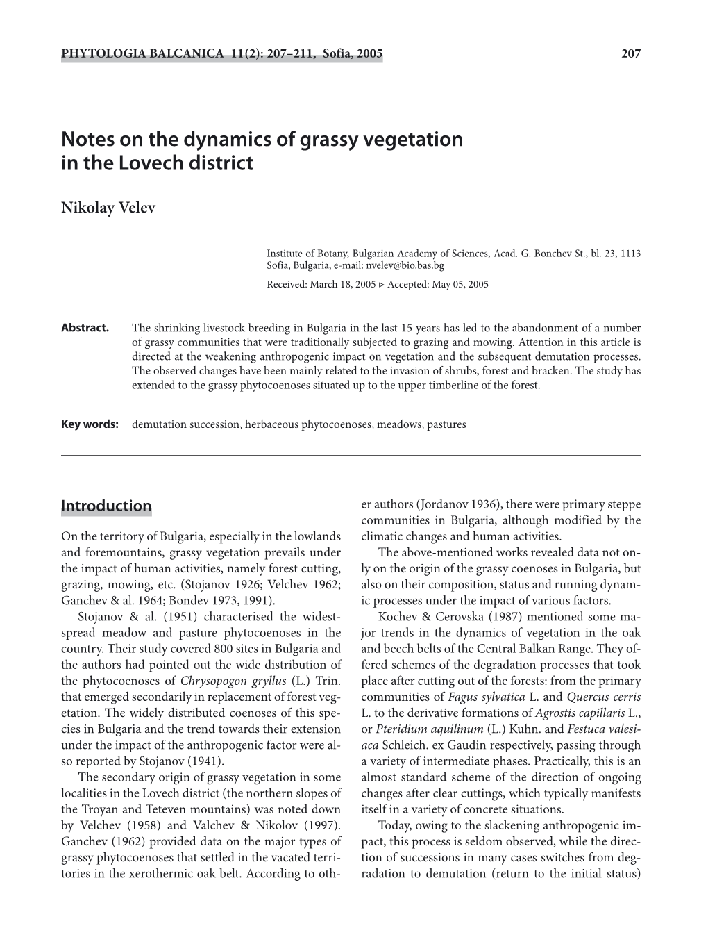 Notes on the Dynamics of Grassy Vegetation in the Lovech District