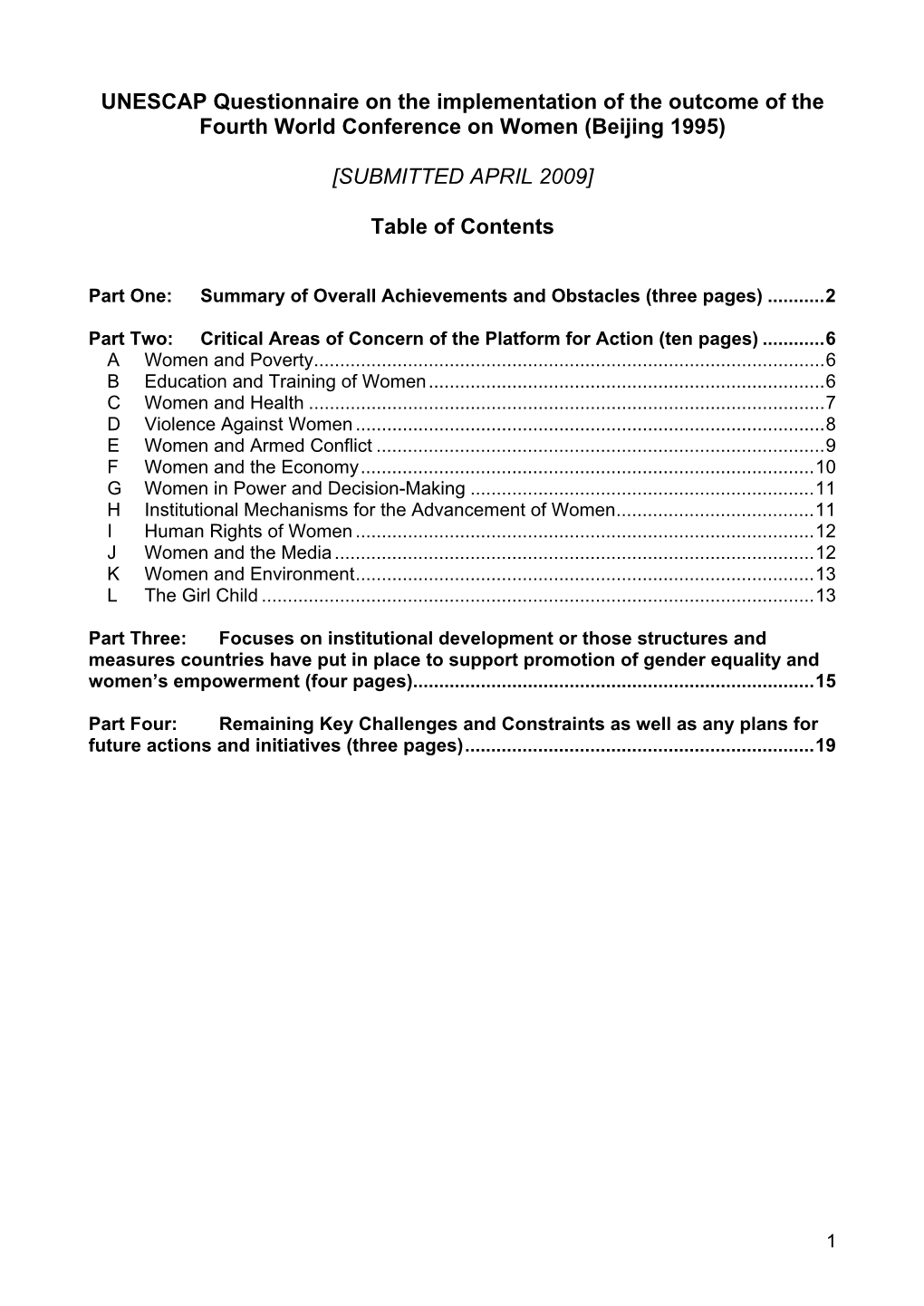 Beijing Platform Critical Areas of Concern