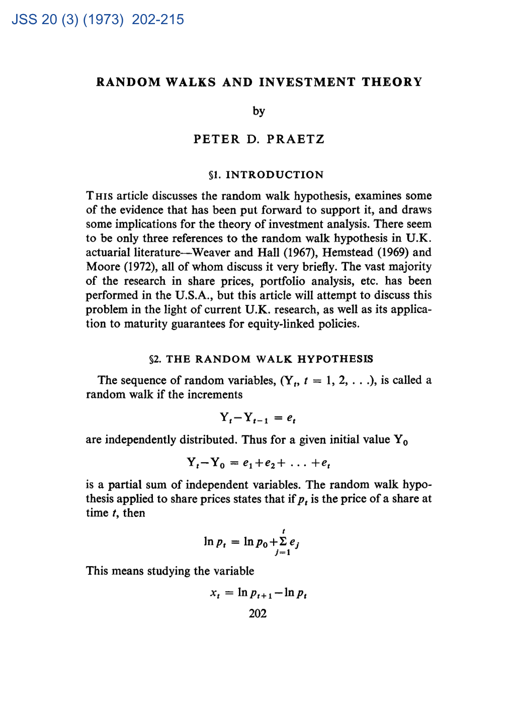 Random Walks and Investment Theory Peter D. Praetz Jss 20