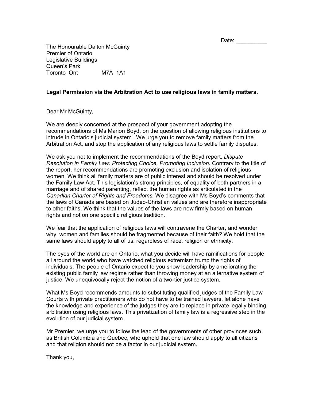 Sample Letter to Premier Dalton Mcguinty Regarding the Arbitration