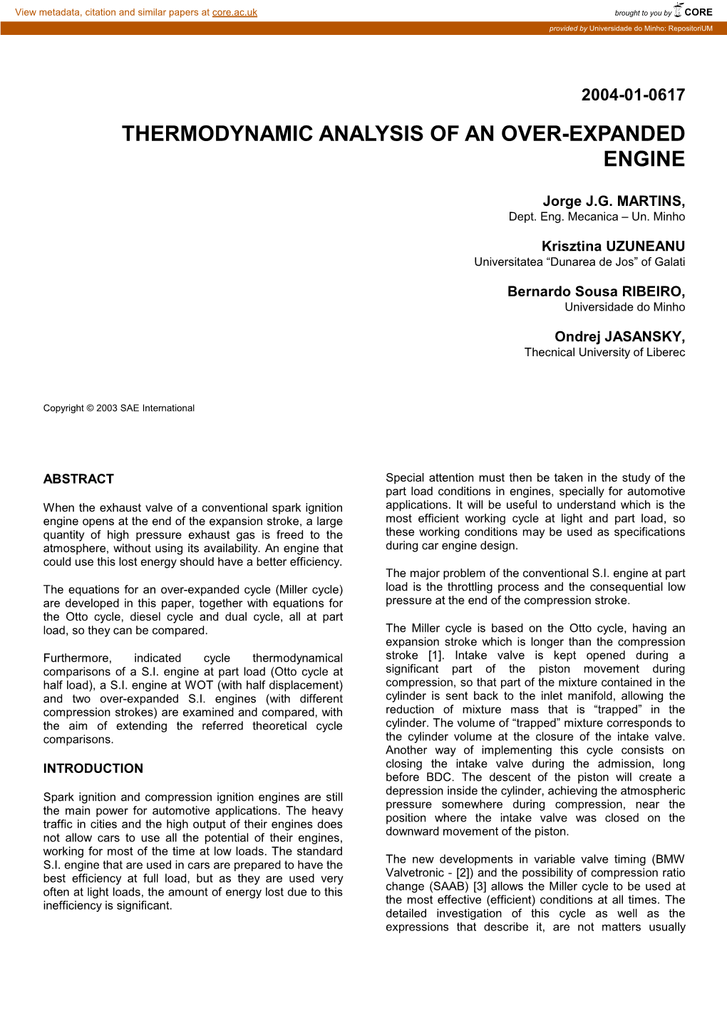 Thermodynamic Analysis of an Over-Expanded Engine