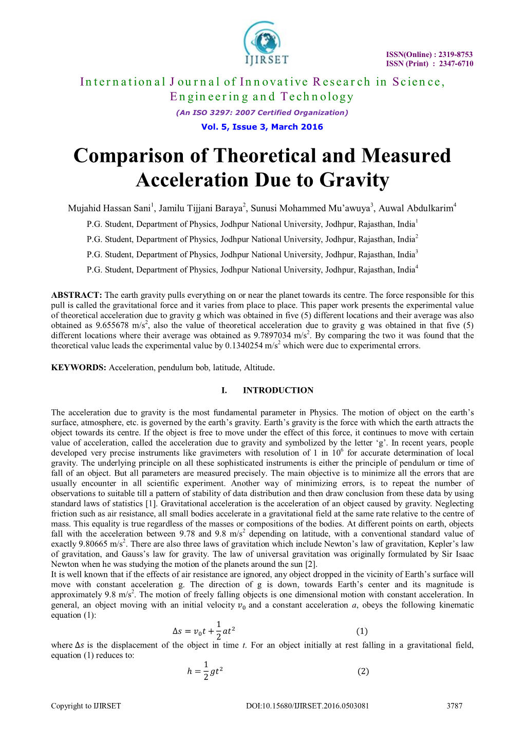 Comparison of Theoretical and Measured Acceleration Due to Gravity