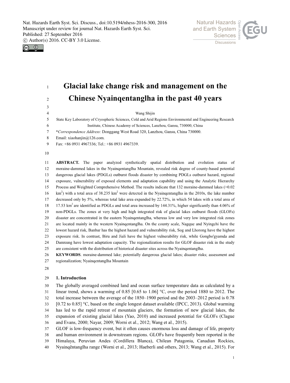 Glacial Lake Change Risk and Management on The