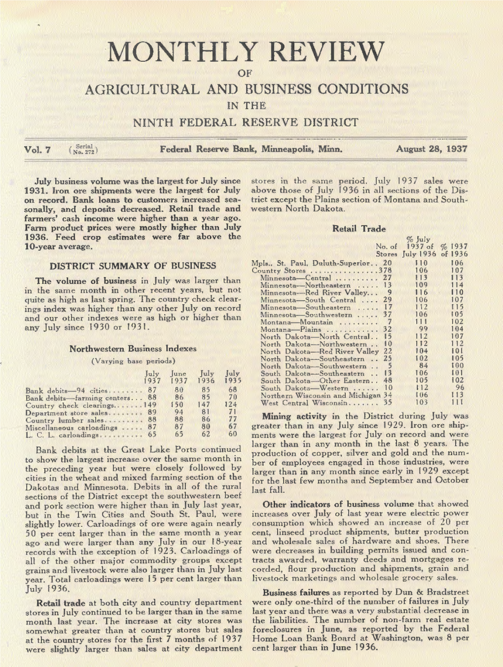 Monthly Review of Agricultural and Business Conditions in the Ninth Federal Reserve District