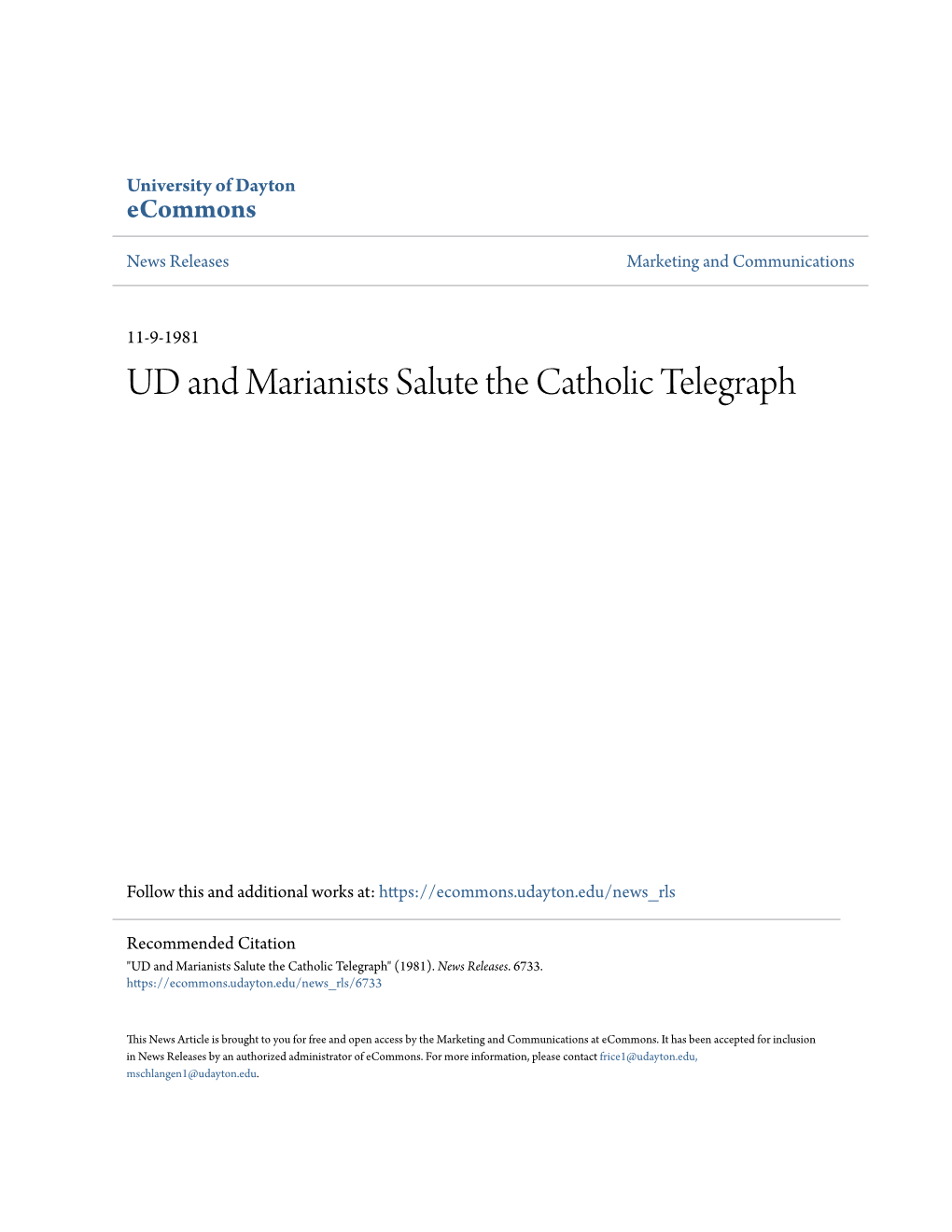 UD and Marianists Salute the Catholic Telegraph