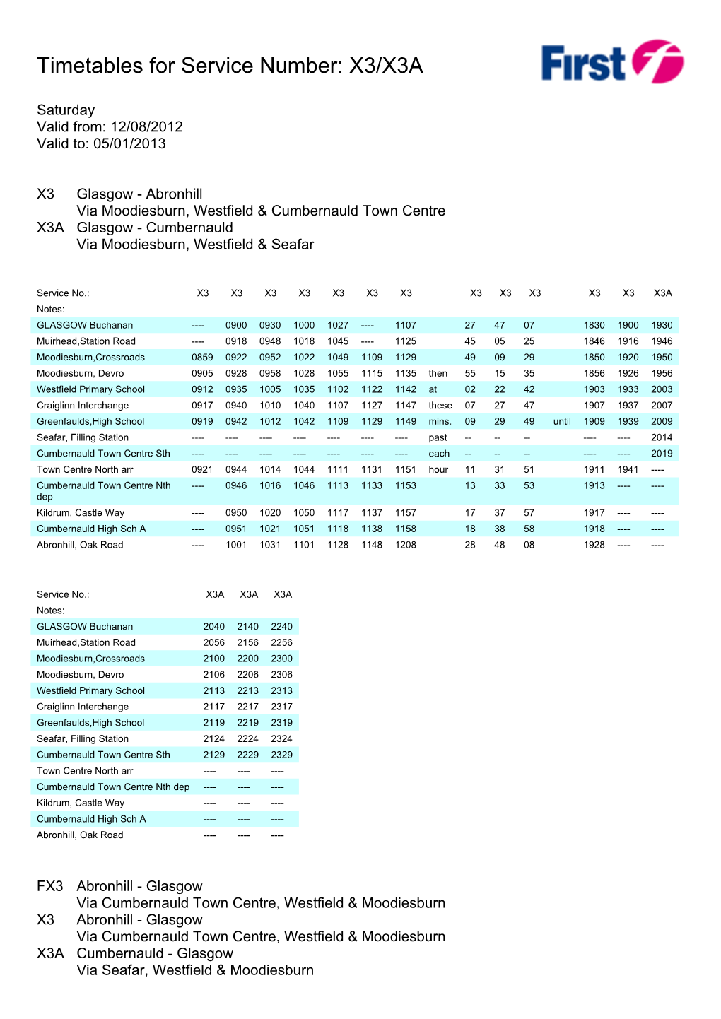 Timetables for Service Number: X3/X3A