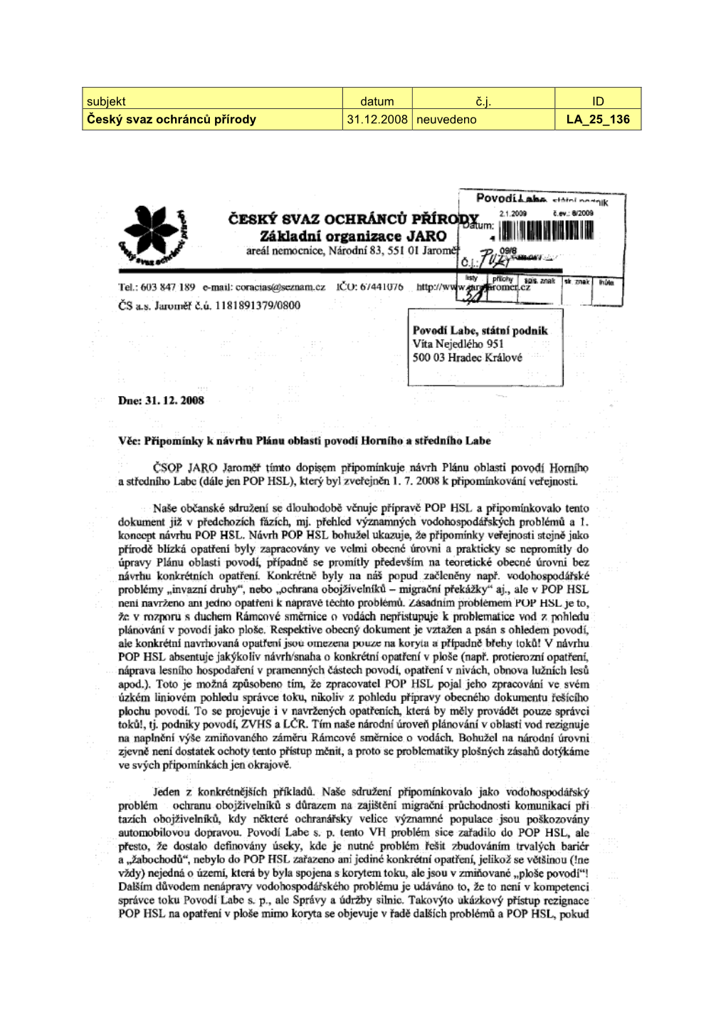 Subjekt Datum Č.J. ID Český Svaz Ochránců Přírody 31.12.2008