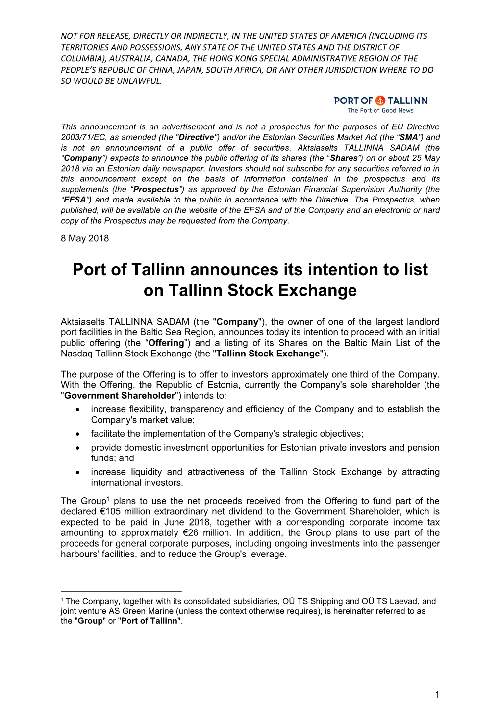 Port of Tallinn Announces Its Intention to List on Tallinn Stock Exchange