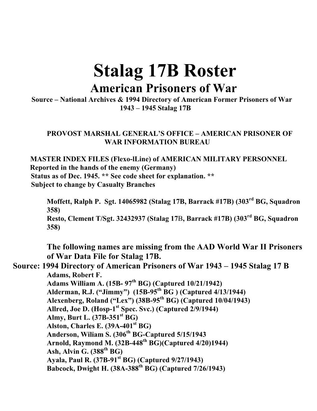 Stalag 17B Roster American Prisoners of War Source – National Archives & 1994 Directory of American Former Prisoners of War 1943 – 1945 Stalag 17B