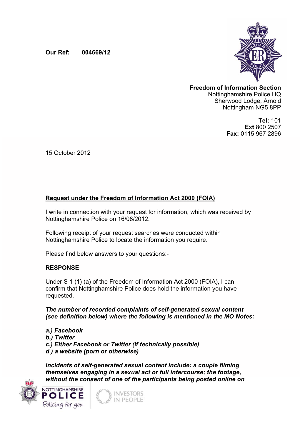FOI 004669 12 Number of Complaints Regarding Self Generated Sexual Content Where Social Media Sites Are Mentioned