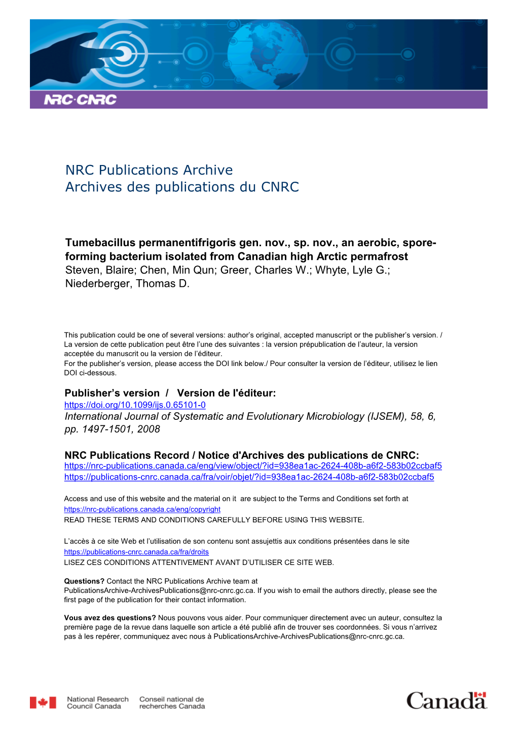 Tumebacillus Permanentifrigoris Gen. Nov., Sp. Nov., an Aerobic, Spore