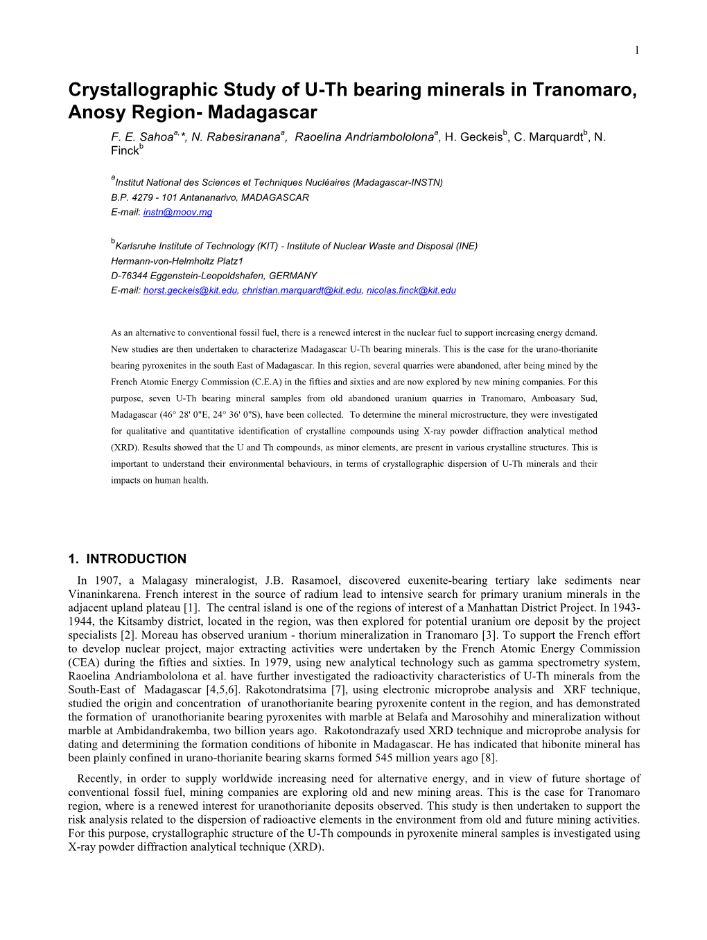 Crystallographic Study of U-Th Bearing Minerals in Tranomaro, Anosy Region- Madagascar F