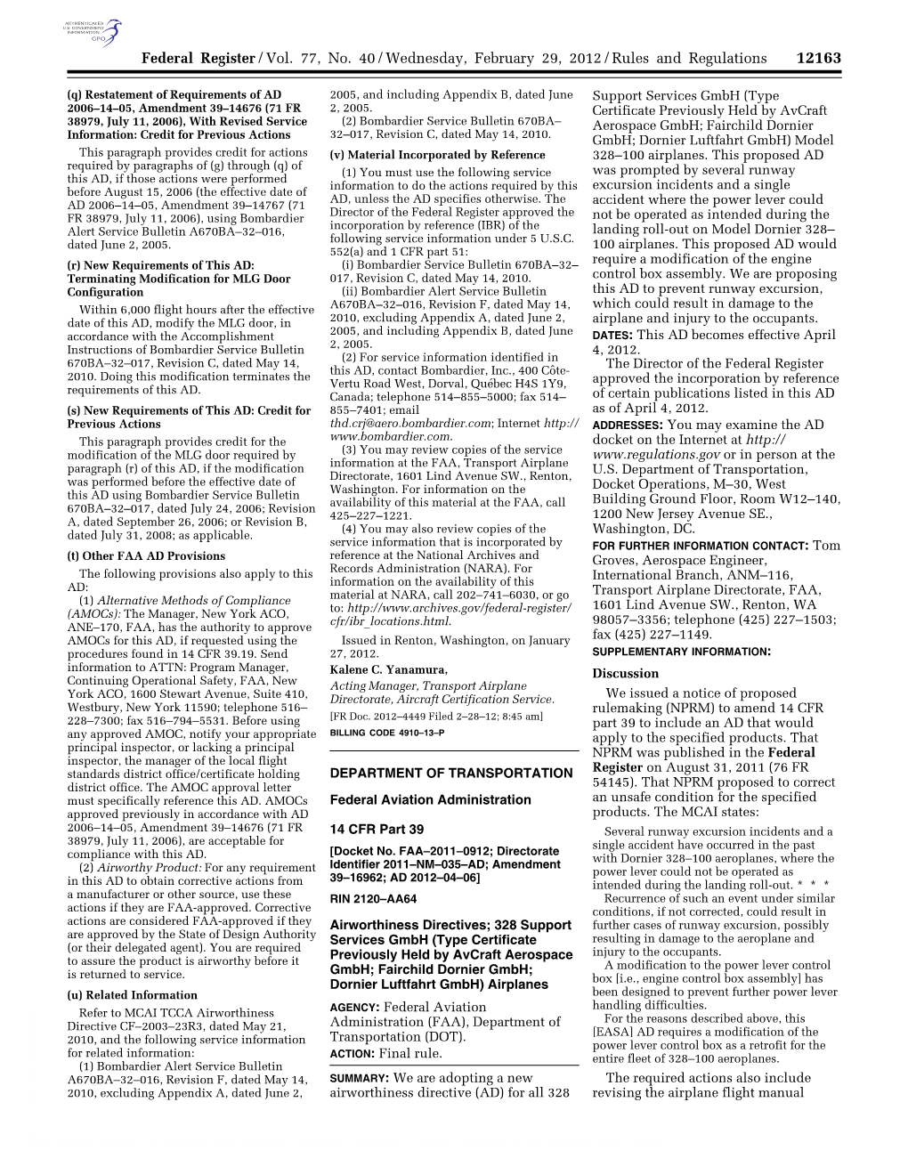 Federal Register/Vol. 77, No. 40/Wednesday, February 29, 2012