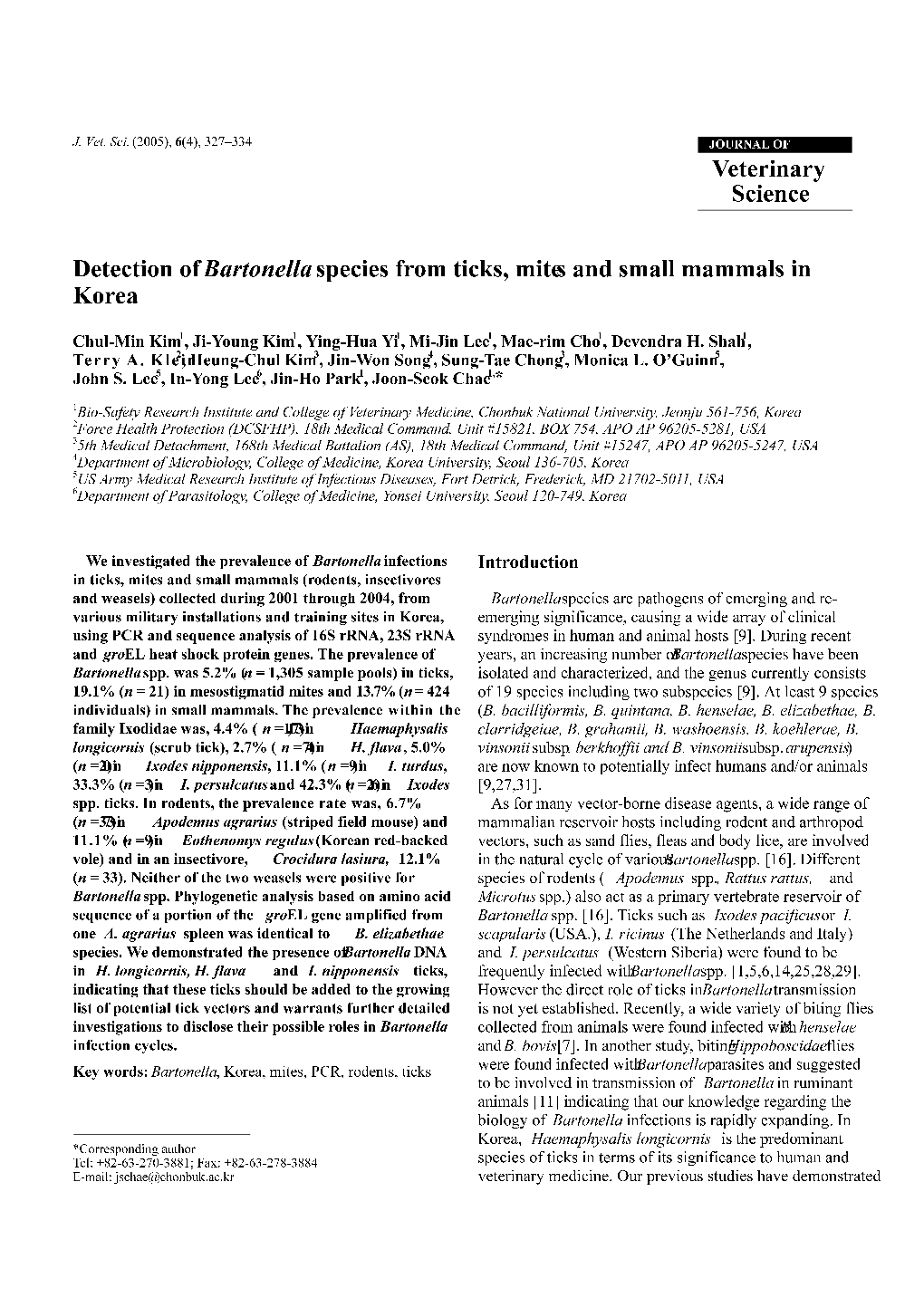 Veterinary Science Detection of Bartonella Species from Ticks, Mites and Small Mammals in Korea