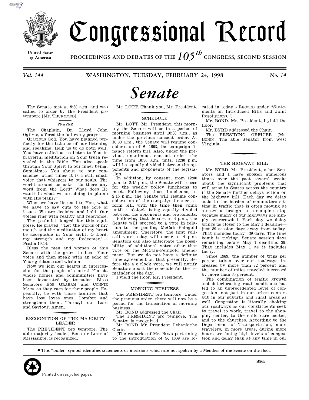 Congressional Record United States Th of America PROCEEDINGS and DEBATES of the 105 CONGRESS, SECOND SESSION