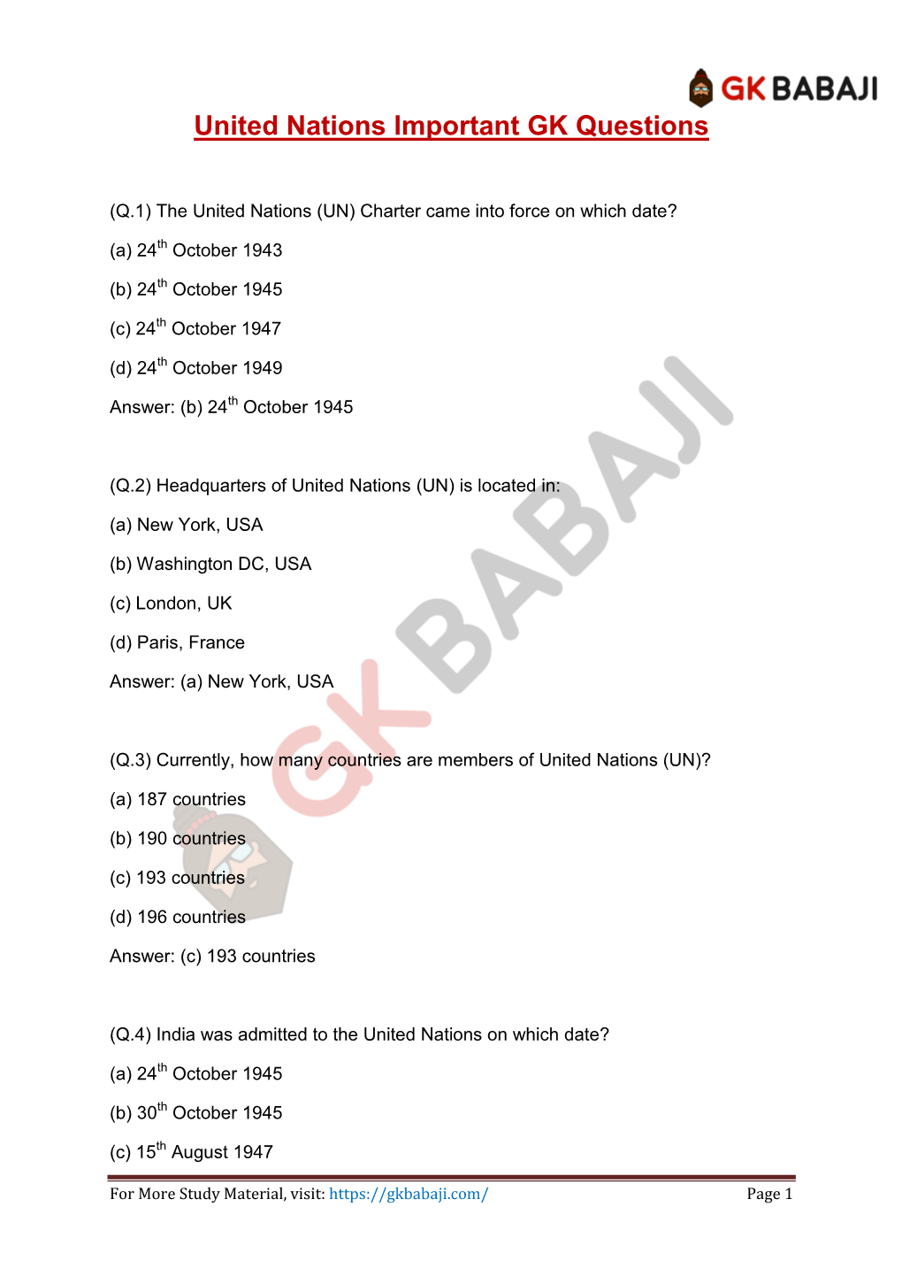 United Nations Important GK Questions