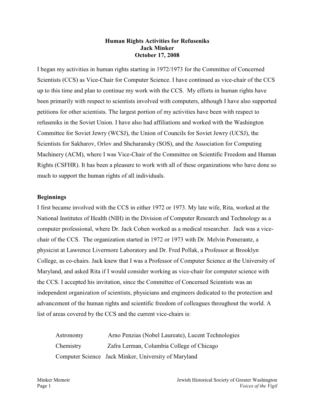 Human Rights Activities for Refuseniks Jack Minker October 17, 2008