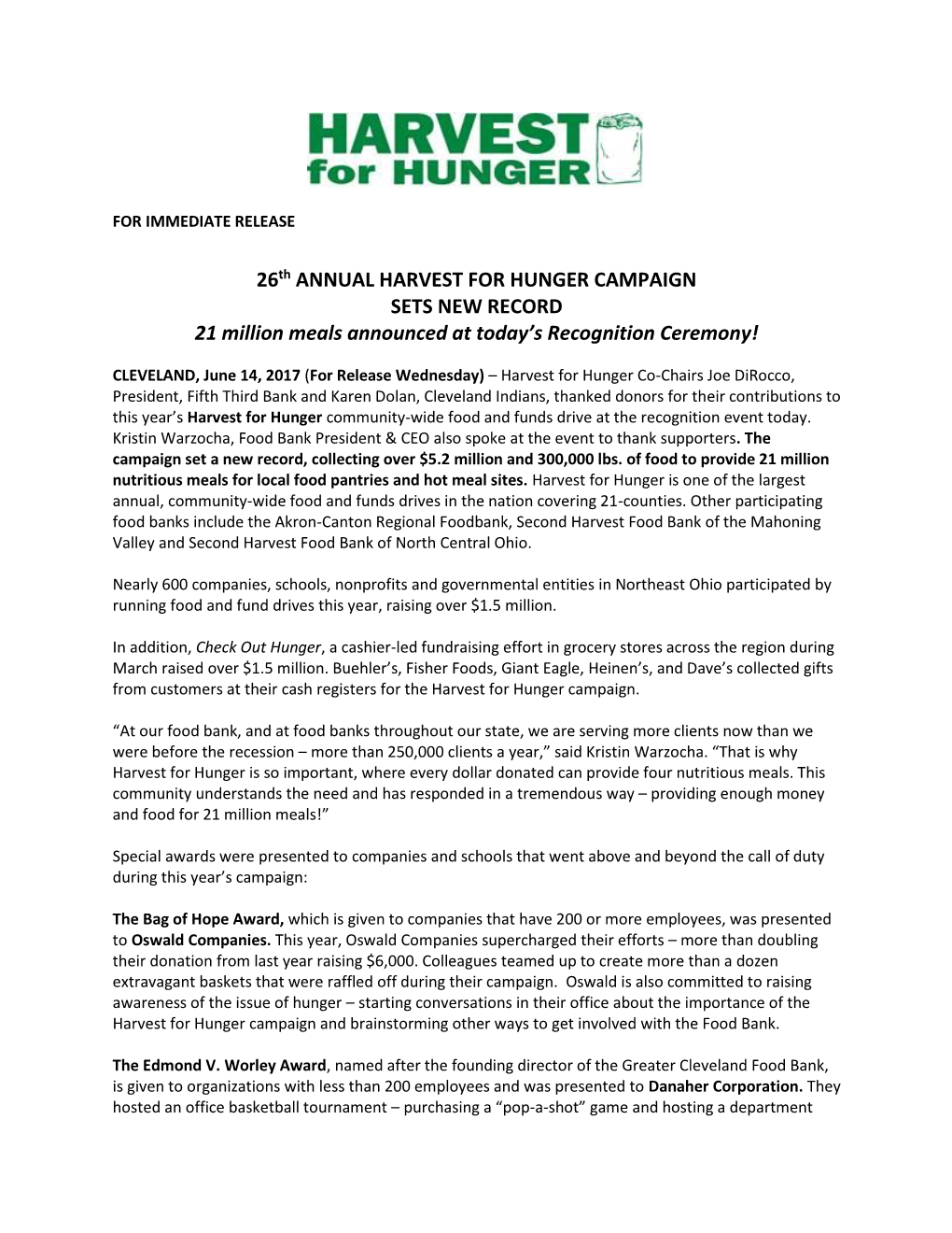 26Th ANNUAL HARVEST for HUNGER CAMPAIGN SETS NEW RECORD 21 Million Meals Announced at Today’S Recognition Ceremony!