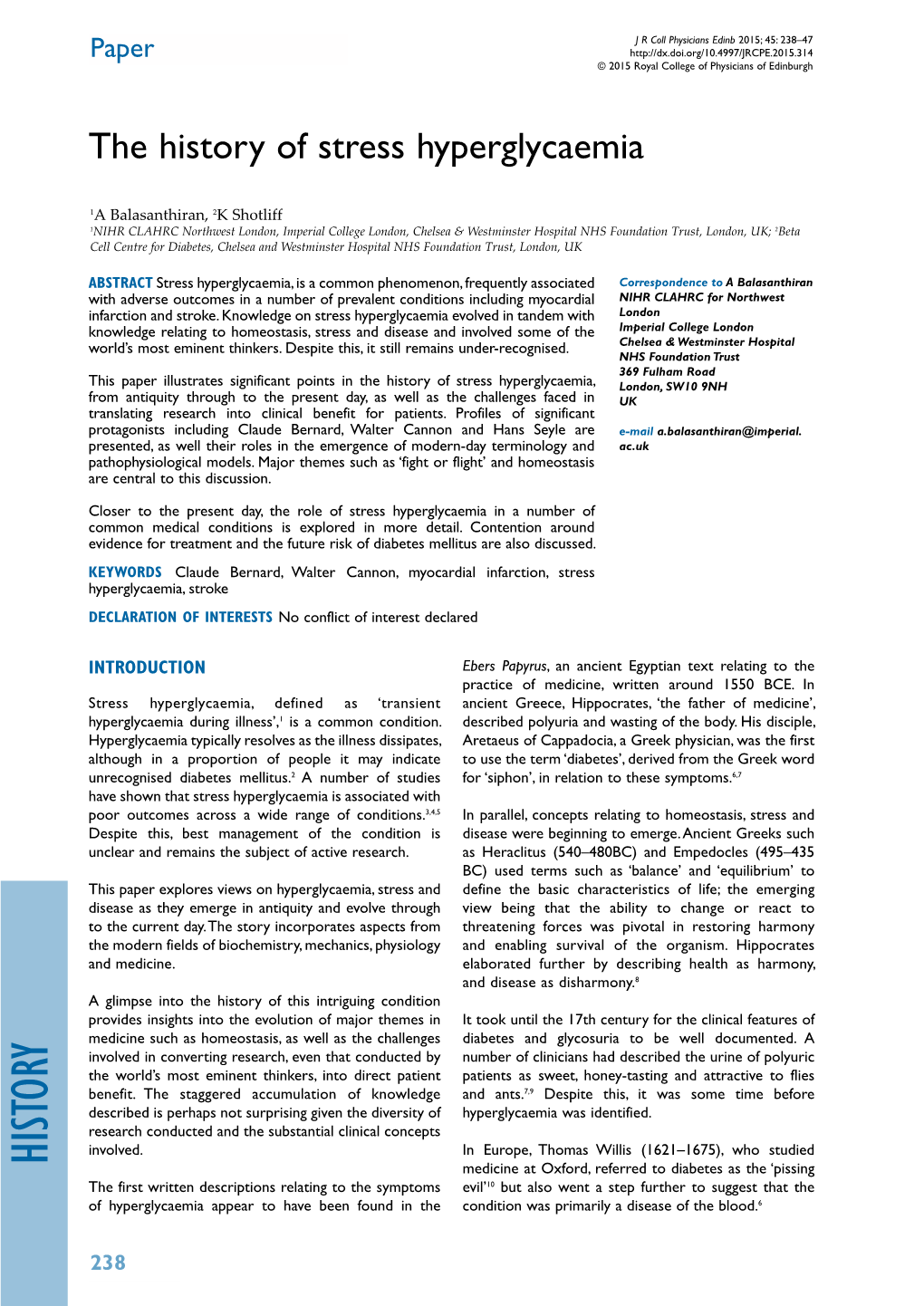 History of Stress Hyperglycaemia