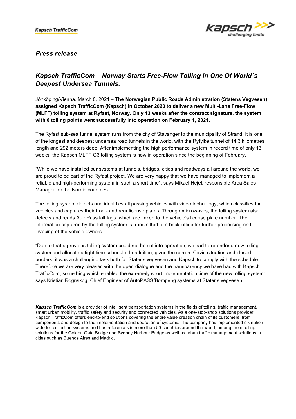 Press Release Kapsch Trafficcom – Norway Starts Free-Flow Tolling In