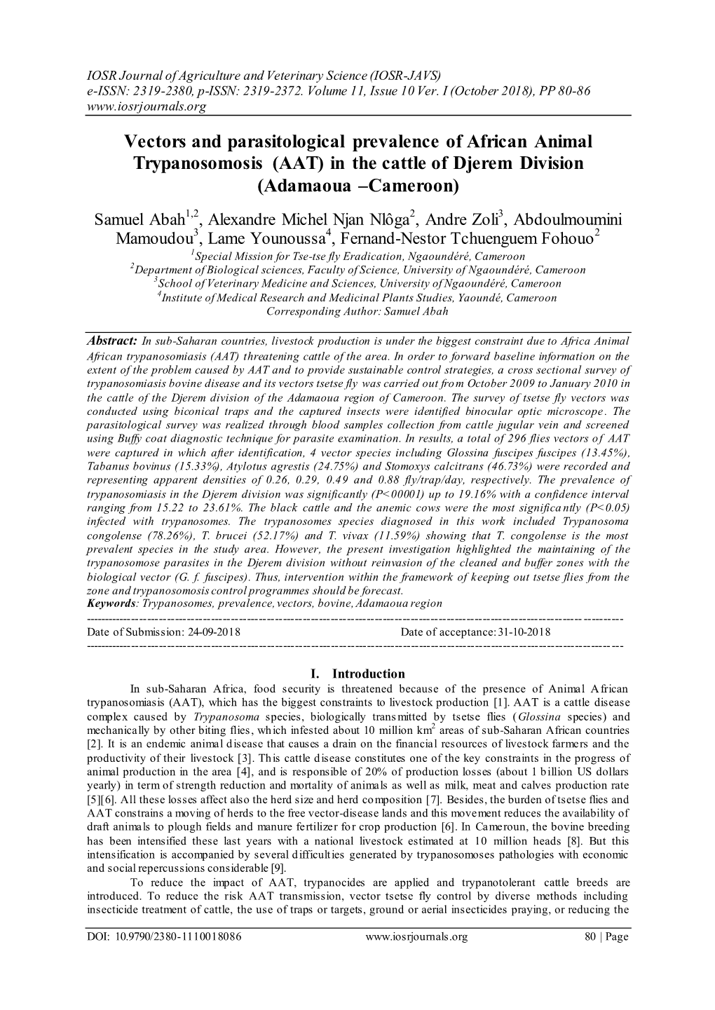 Vectors and Parasitological Prevalence of African Animal Trypanosomosis (AAT) in the Cattle of Djerem Division (Adamaoua –Cameroon)