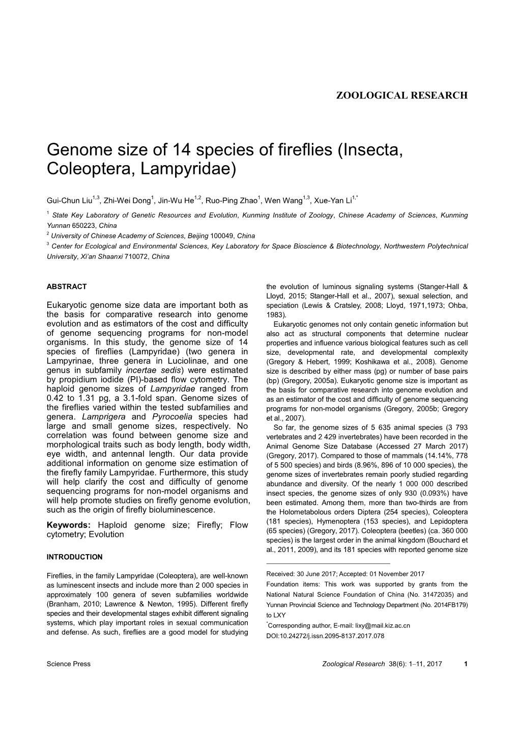 Genome Size of 14 Species of Fireflies (Insecta, Coleoptera, Lampyridae)