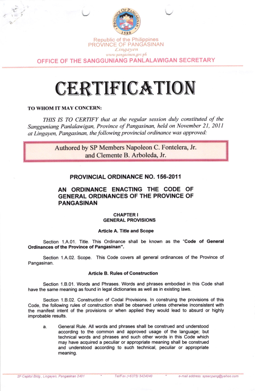 156-2011 an Ordinance Enacting the Code of General Ordinances of the Province of Pangasinan