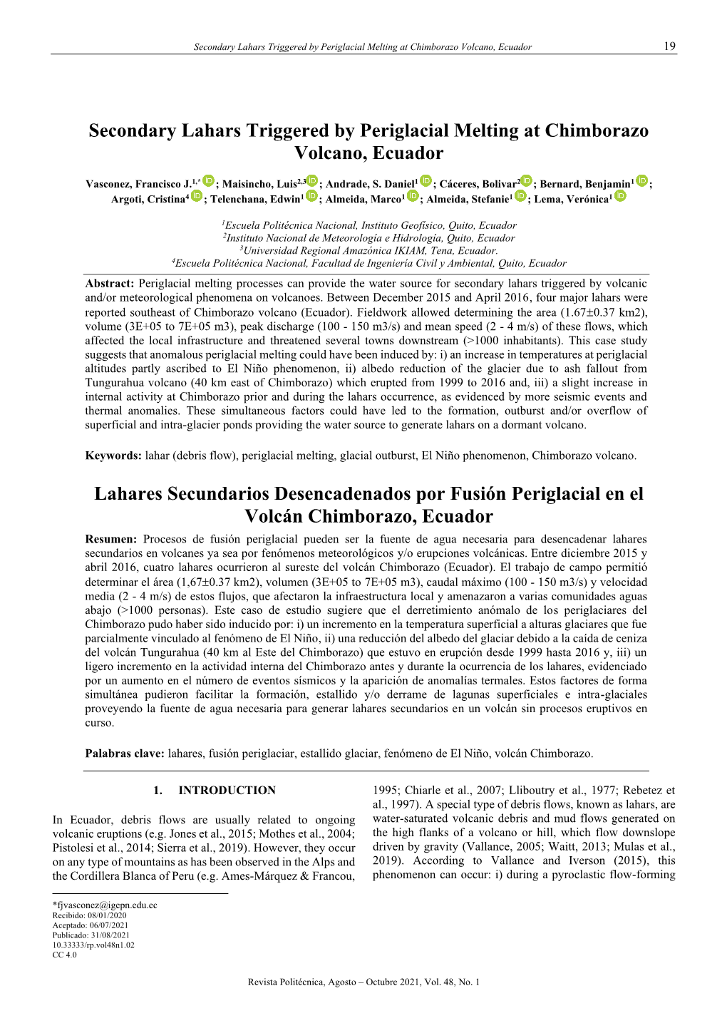 Secondary Lahars Triggered by Periglacial Melting at Chimborazo Volcano, Ecuador 19