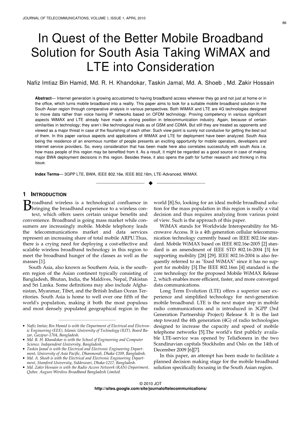 In Quest of the Better Mobile Broadband Solution for South Asia Taking Wimax and LTE Into Consideration