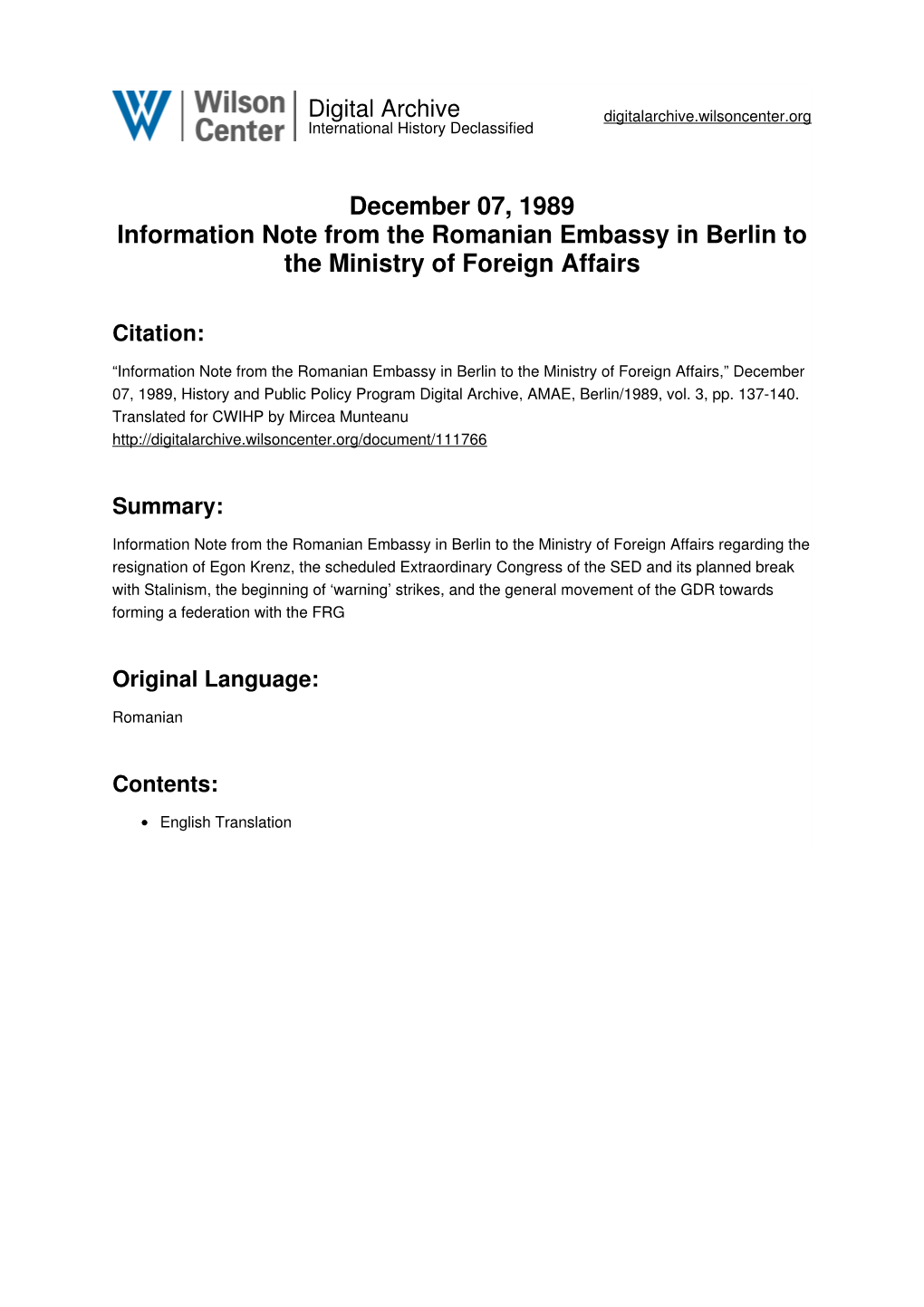 December 07, 1989 Information Note from the Romanian Embassy in Berlin to the Ministry of Foreign Affairs