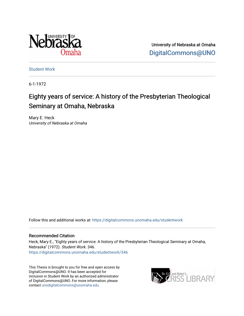 A History of the Presbyterian Theological Seminary at Omaha, Nebraska