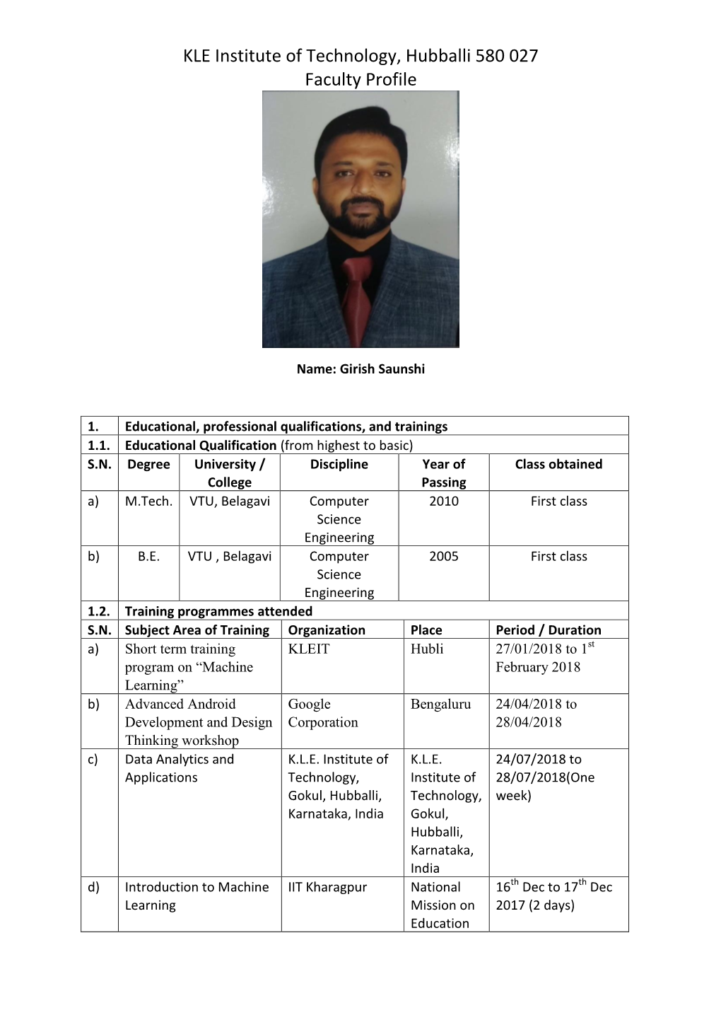 KLE Institute of Technology, Hubballi 580 027 Faculty Profile