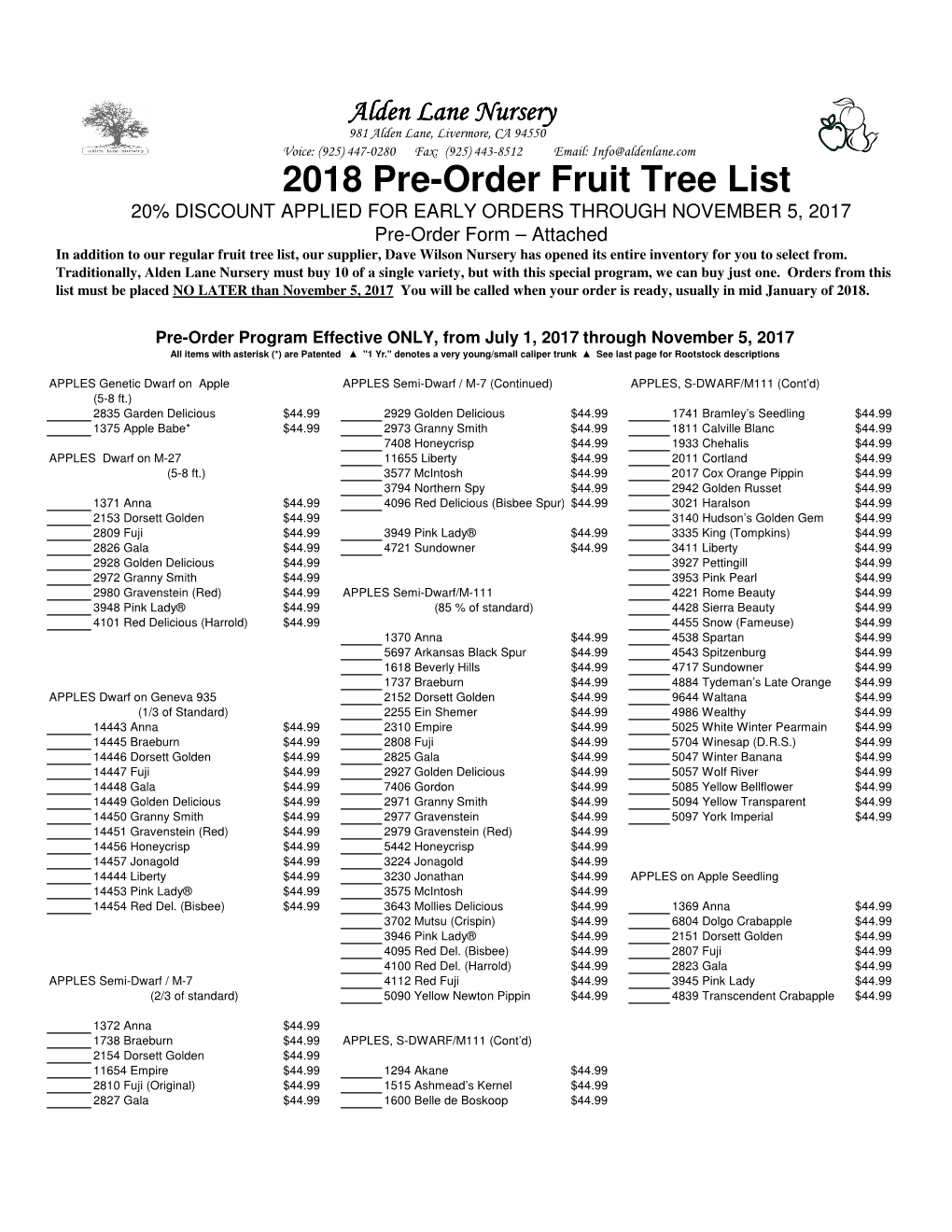 2018 Pre-Order Fruit Tree List