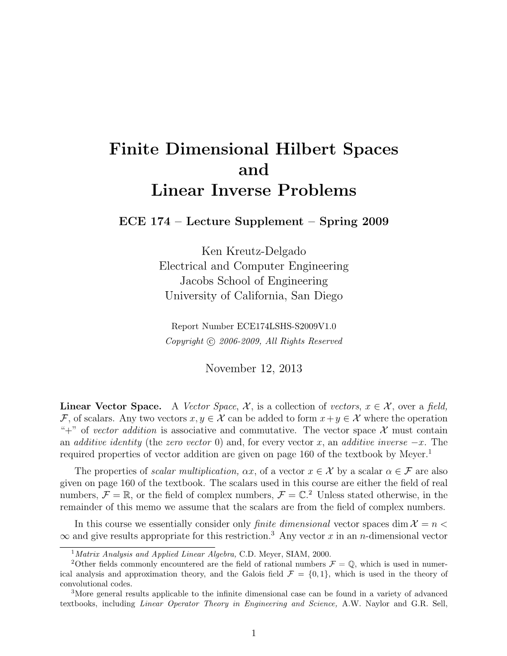 Finite Dimensional Hilbert Spaces and Linear Inverse Problems