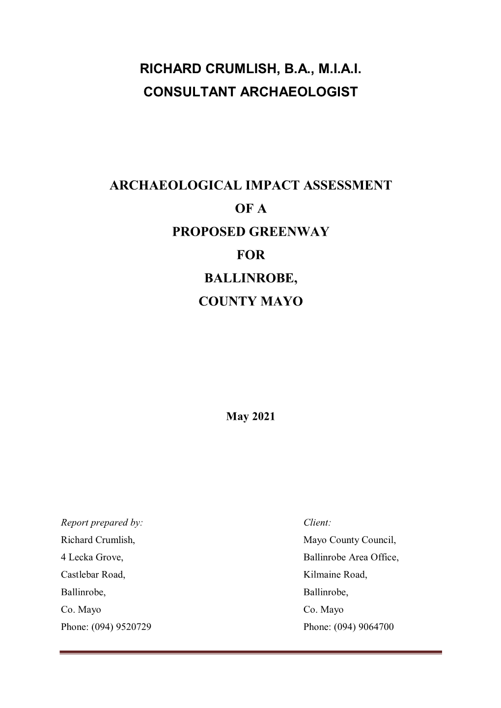 Archaeological Assessment of Ballinrobe Greenway