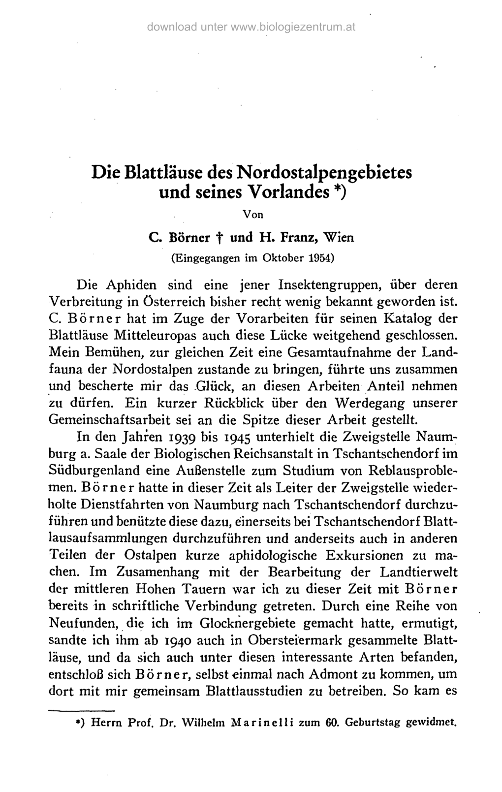 Die Blattläuse Des Nordostalpengebietes Und Seines Vorlandes *) Von C