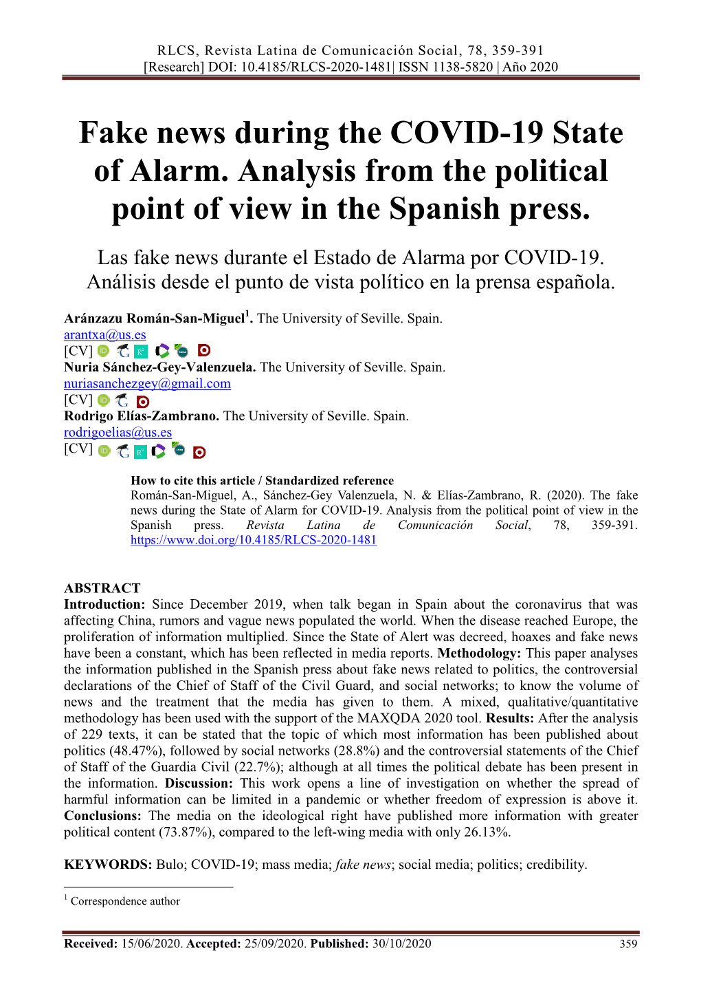 Fake News During the COVID-19 State of Alarm. Analysis from the Political Point of View in the Spanish Press