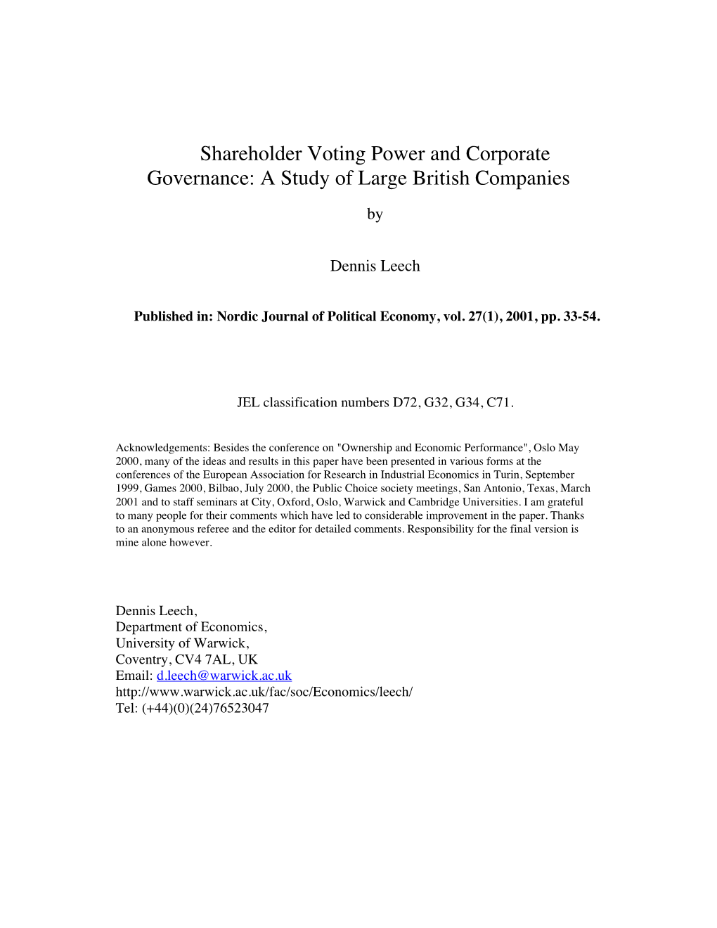 Shareholder Voting Power and Corporate Governance: a Study of Large British Companies