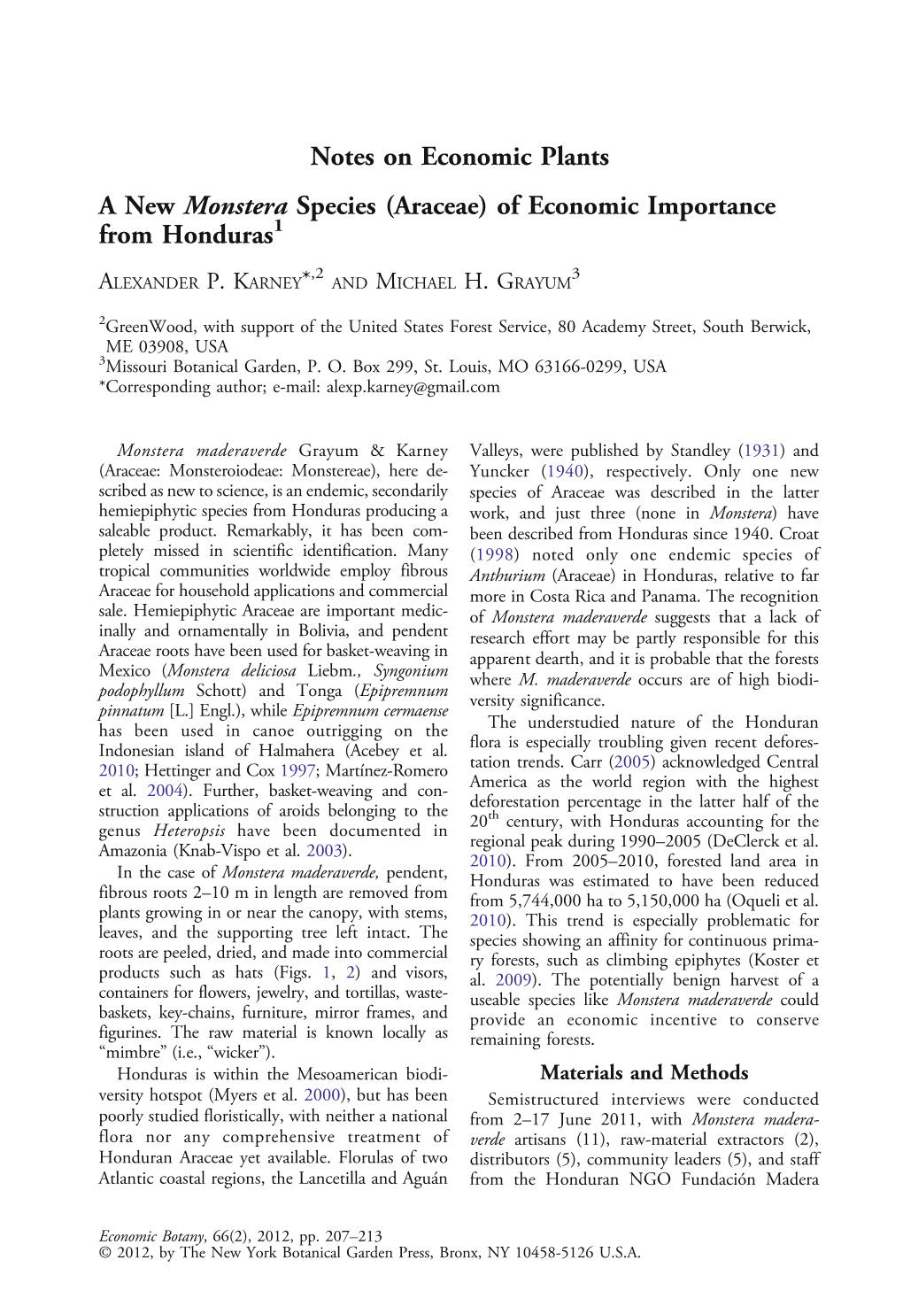 Notes on Economic Plants a New Monstera Species (Araceae) of Economic Importance from Honduras1