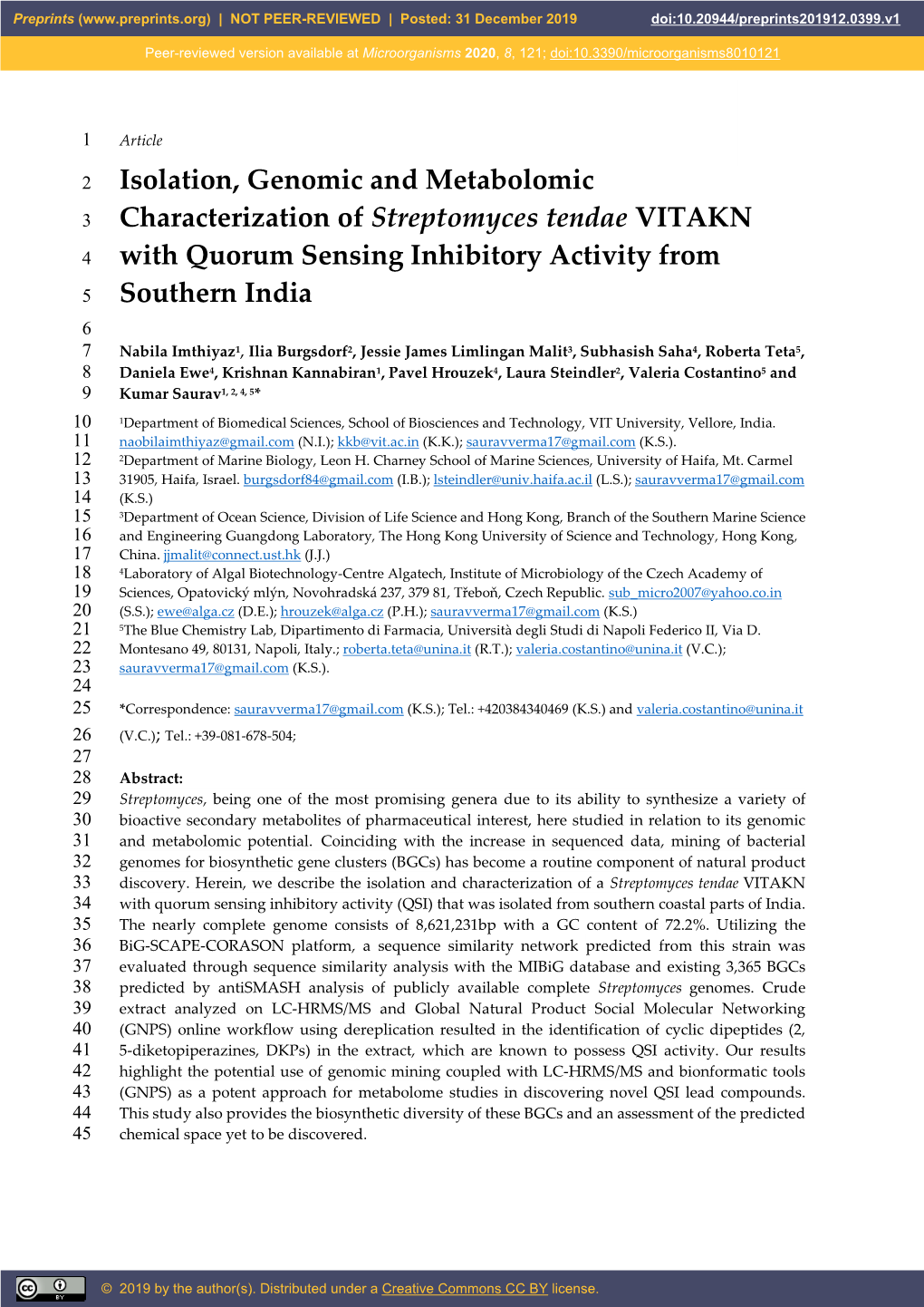 Isolation, Genomic and Metabolomic Characterization Of