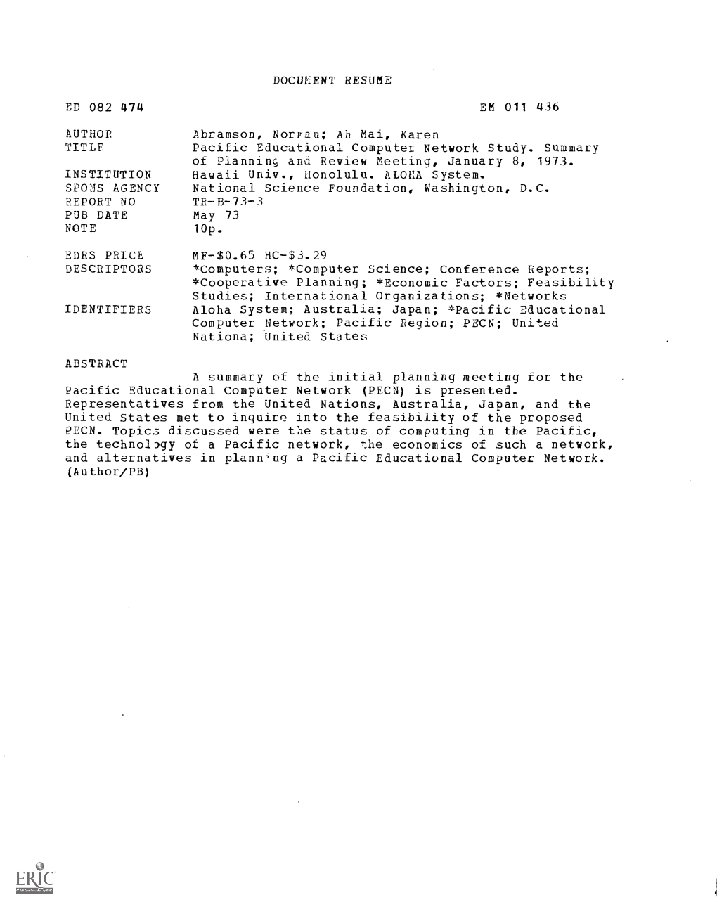 Pacific Educational Computer Network Study. Summary of Planning And