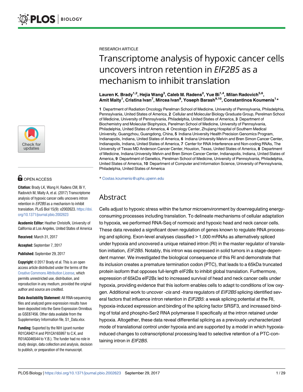 Transcriptome Analysis of Hypoxic Cancer Cells Uncovers Intron Retention in EIF2B5 As a Mechanism to Inhibit Translation