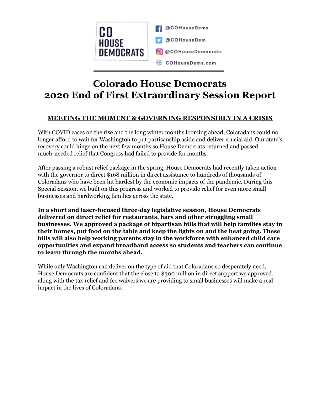 Colorado House Democrats 2020 End of First Extraordinary Session Report